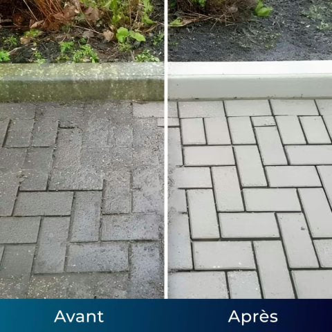 Allée pavée avant et après nettoyage au jet G'PARFAIT